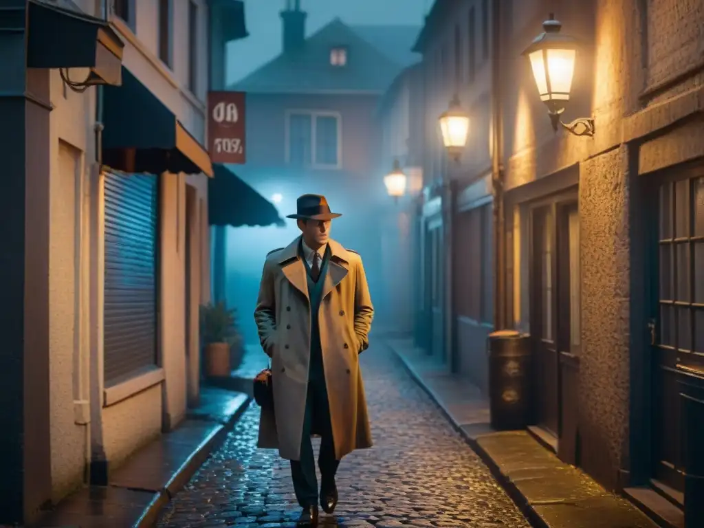 Un callejón sombrío de noche con una figura misteriosa en gabardina y fedora bajo una farola vintage