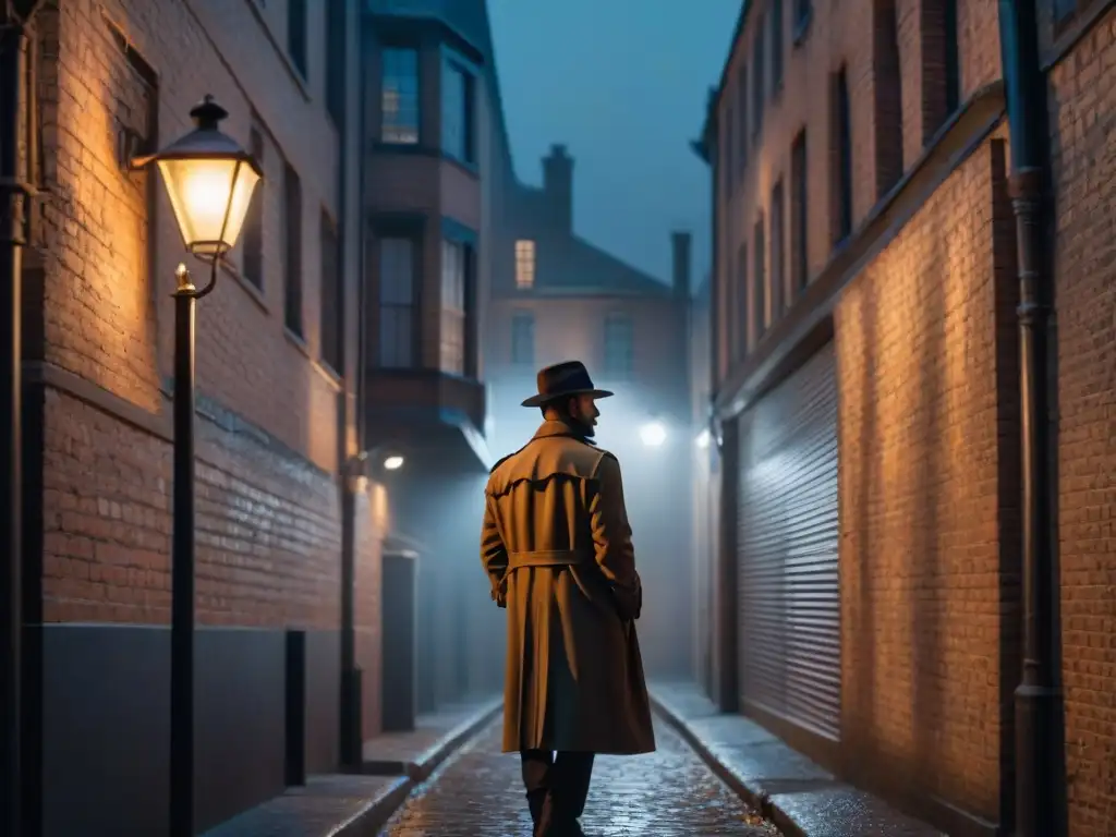 Un callejón sombrío de noche con figuras ominosas bajo la luz de la farola, evocando el futuro del género thriller psicológico