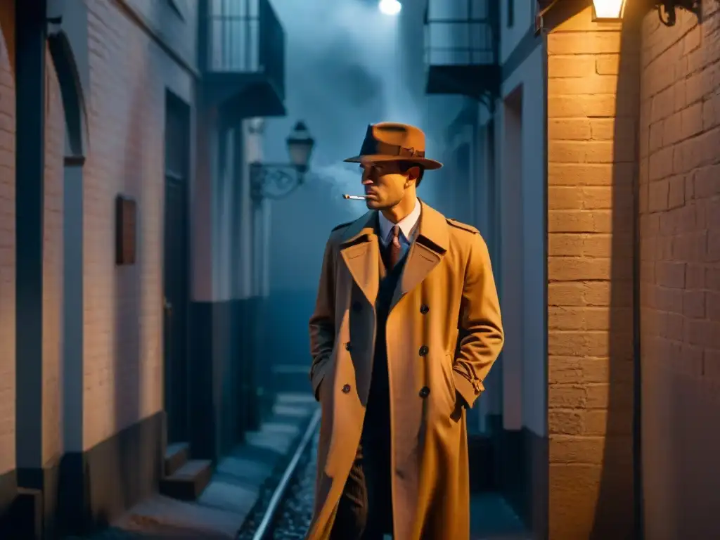 Un callejón sombrío de noche, iluminado por la tenue luz de una farola parpadeante