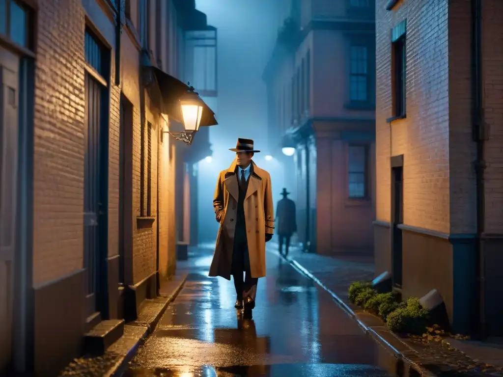 Un callejón sombrío de noche, iluminado por una farola parpadeante