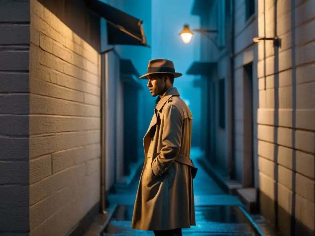 Un callejón sombrío de noche iluminado por la luz tenue de una farola