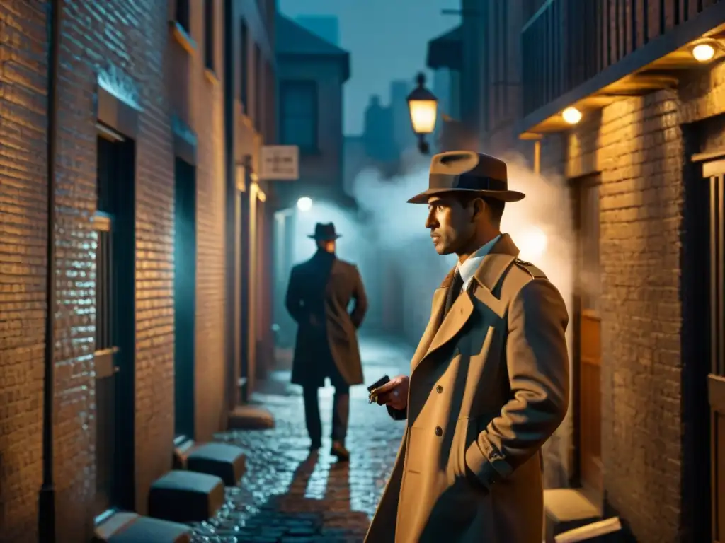 Un callejón sombrío de noche, iluminado por la luz tenue de una farola