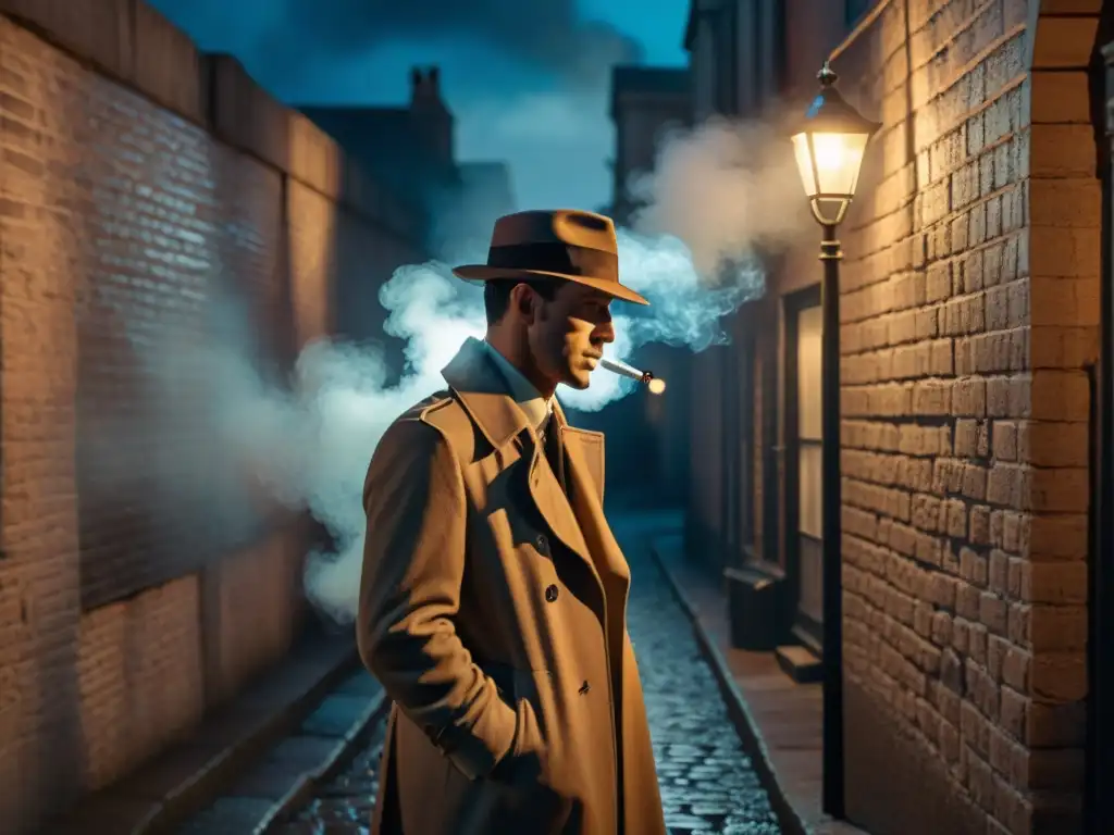 Un callejón sombrío de noche iluminado por una lámpara titilante