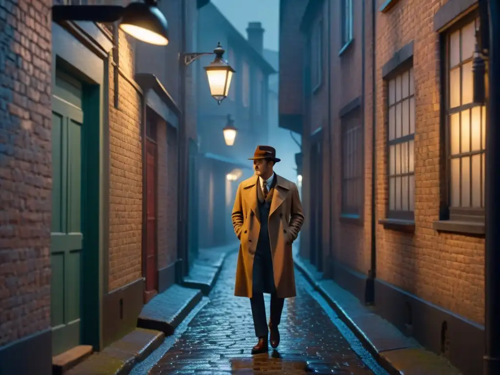 Un callejón sombrío de noche iluminado por una tenue luz de farola, escenario de cine negro