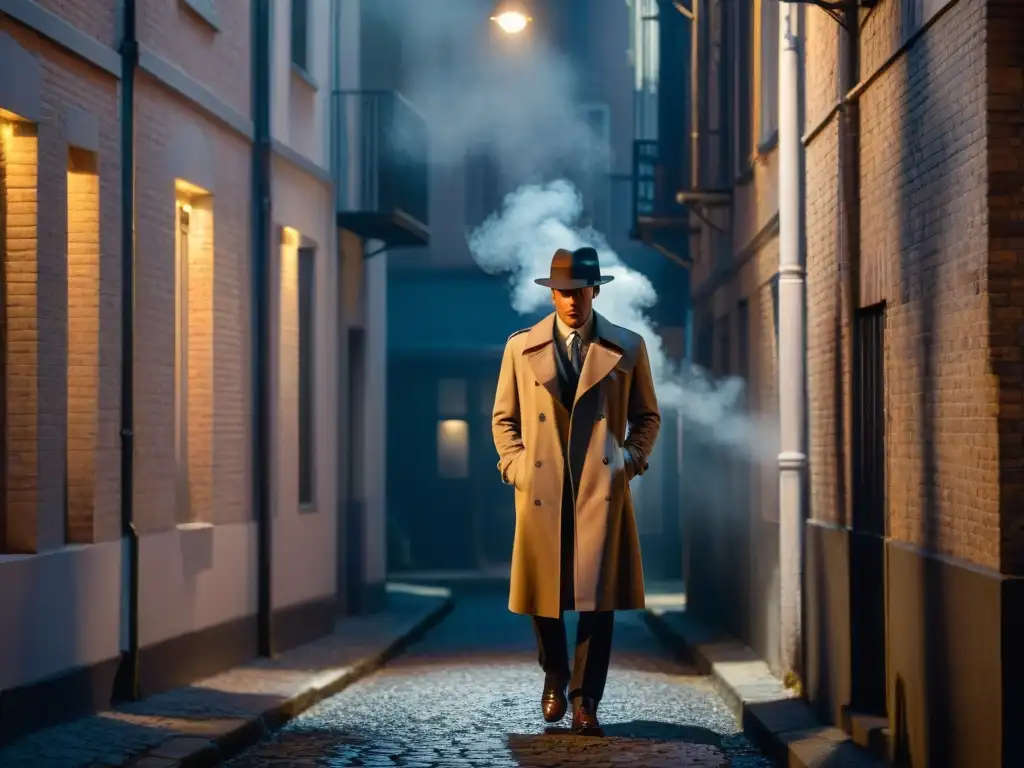 Un callejón sombrío de noche, iluminado por una lámpara titilante