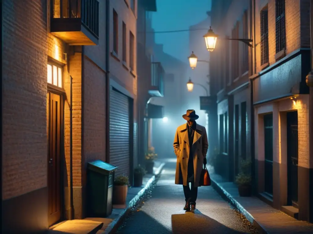 Un callejón sombrío de noche iluminado por una tenue luz de farola