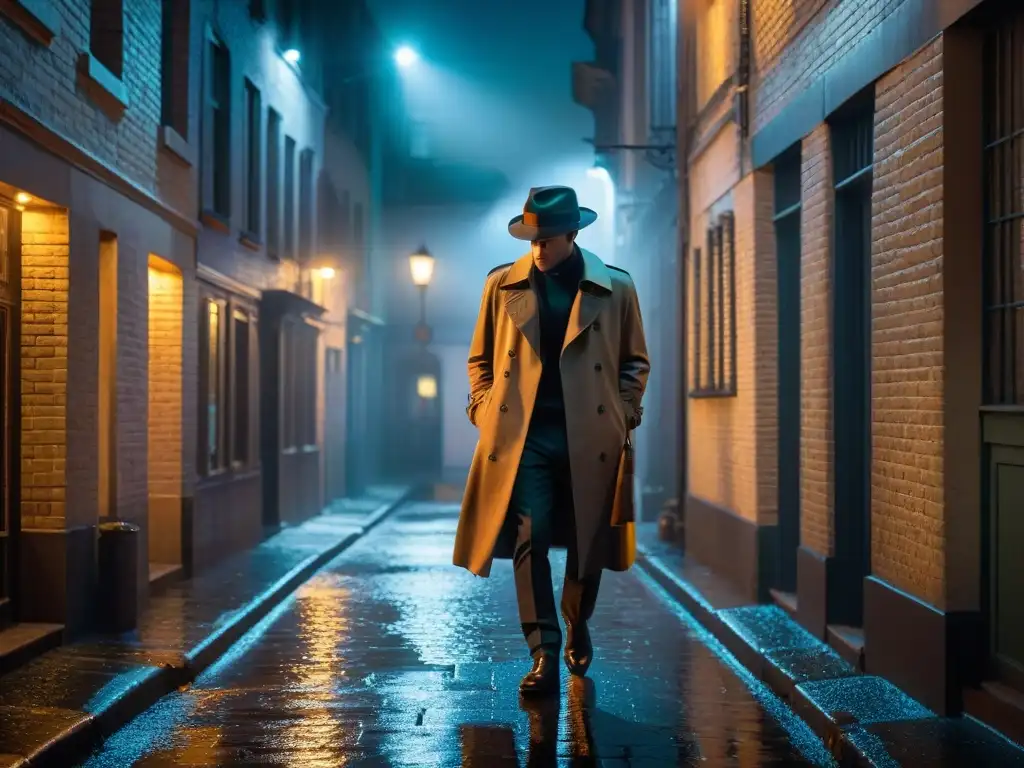 Un callejón sombrío de noche, iluminado por la luz intermitente de una farola rota