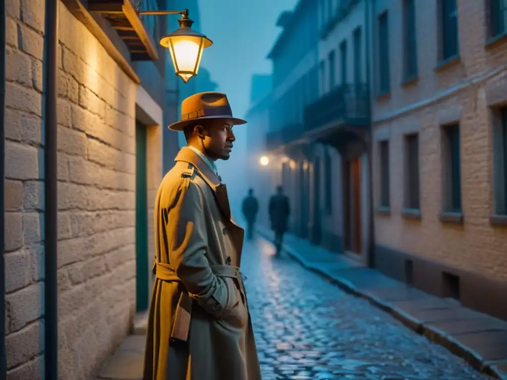 Un callejón sombrío de noche iluminado por la luz parpadeante de una farola vintage, con sombras alargadas en el suelo empedrado