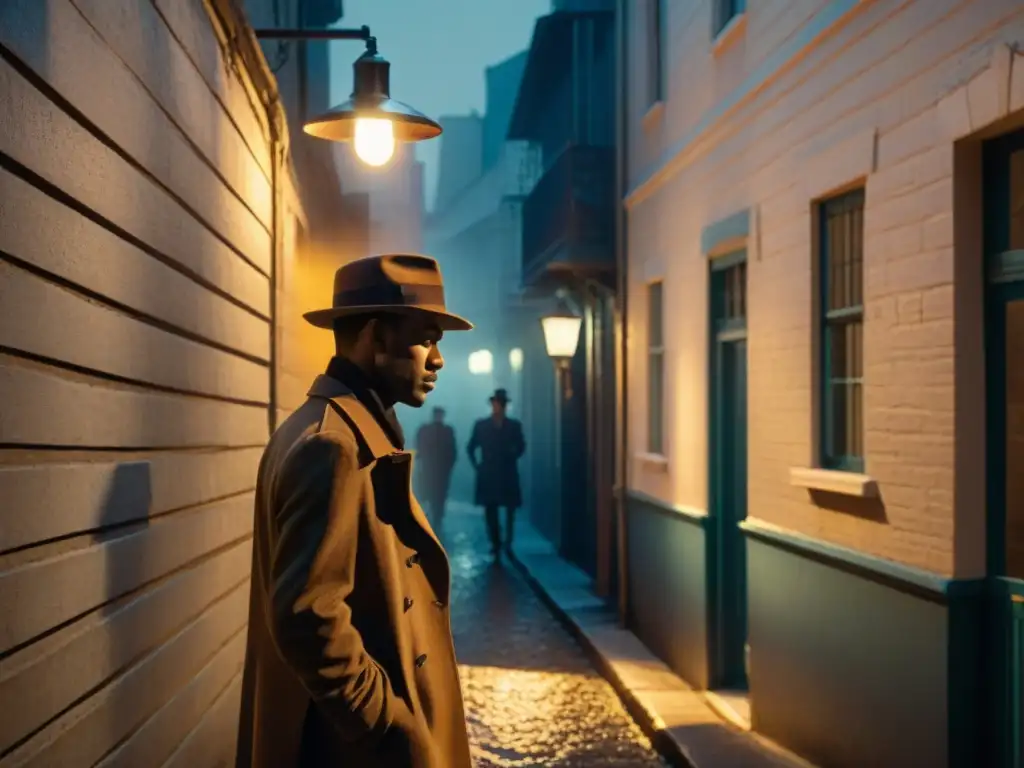 Un callejón sombrío de noche iluminado por una lámpara vintage