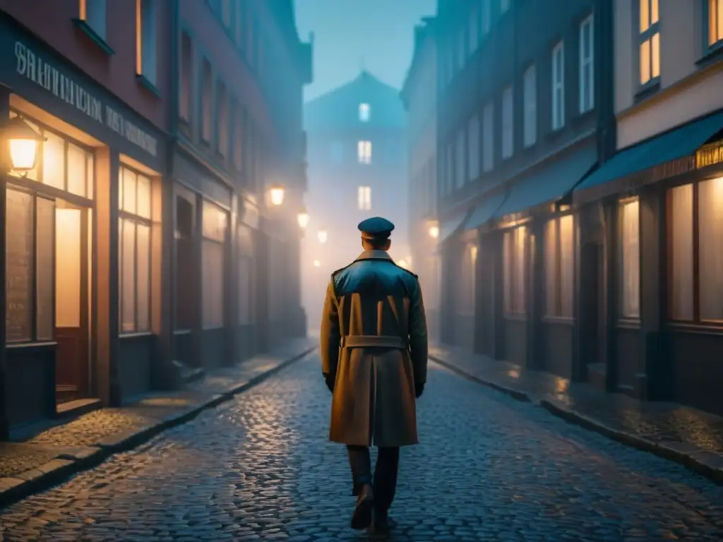 Un callejón sombrío en Berlín de noche, iluminado por una farola titilante