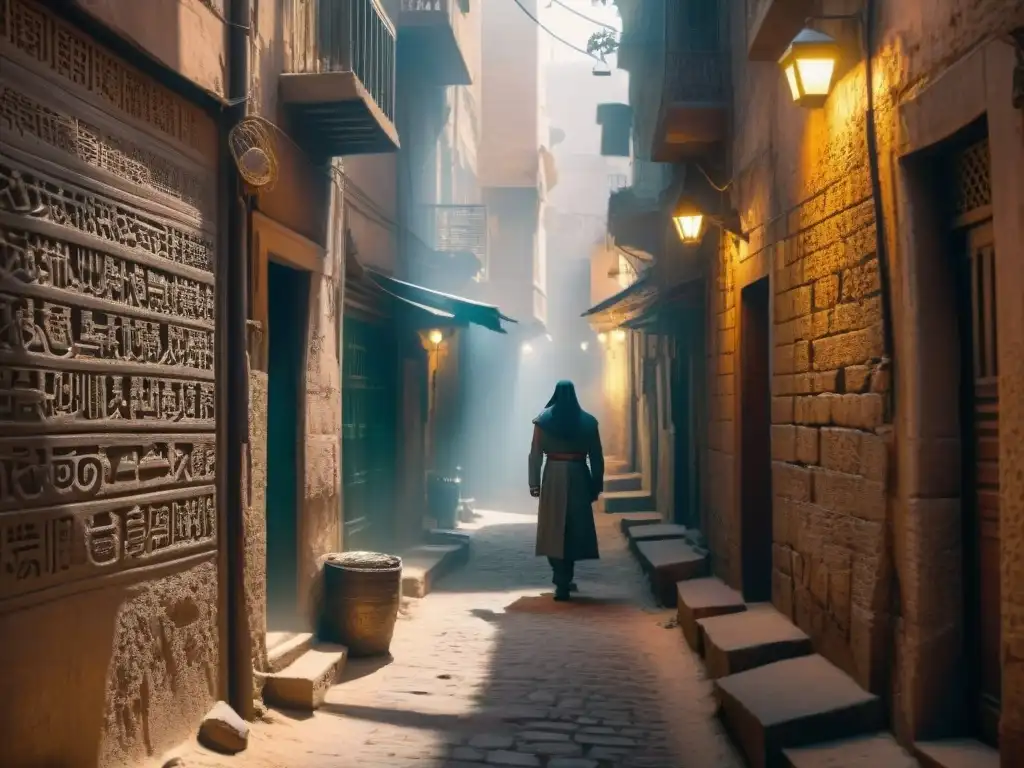 Un callejón sombrío en El Cairo de noche, iluminado por una lámpara titilante