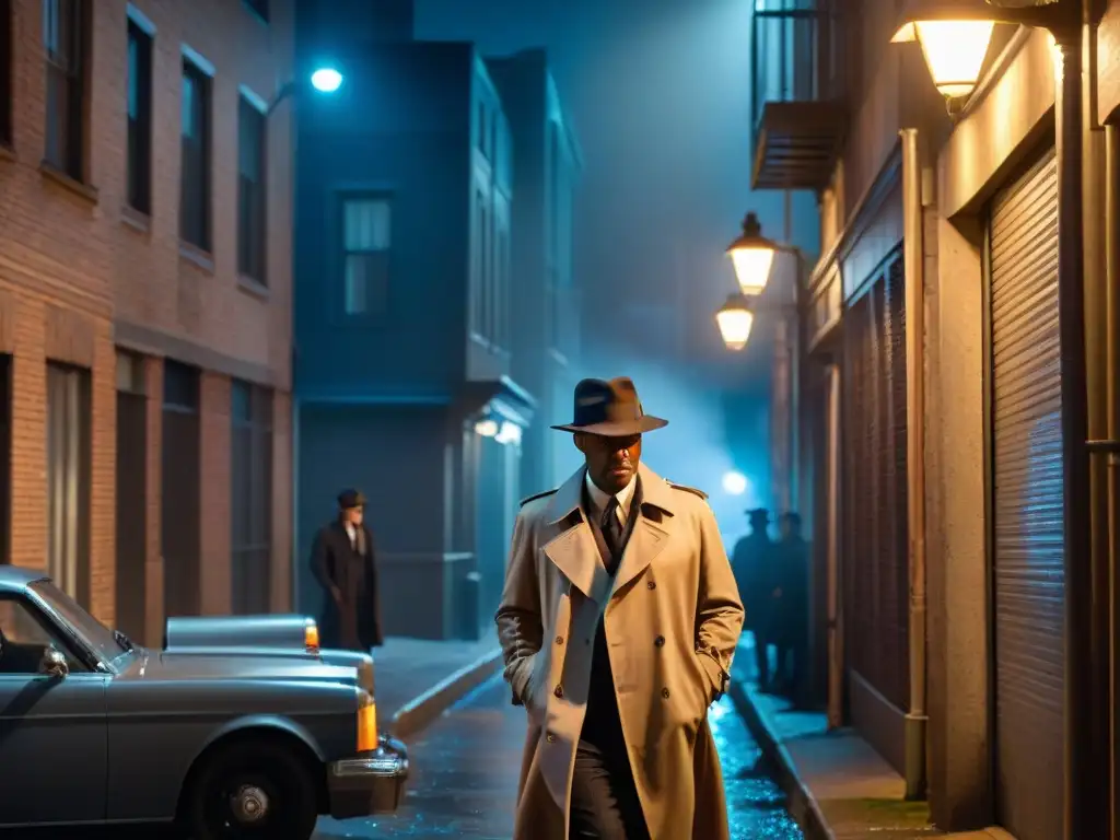 Un callejón sombrío de noche, iluminado por una solitaria farola