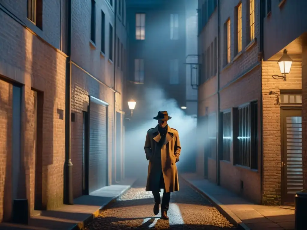 Un callejón sombrío de noche, iluminado por una única farola