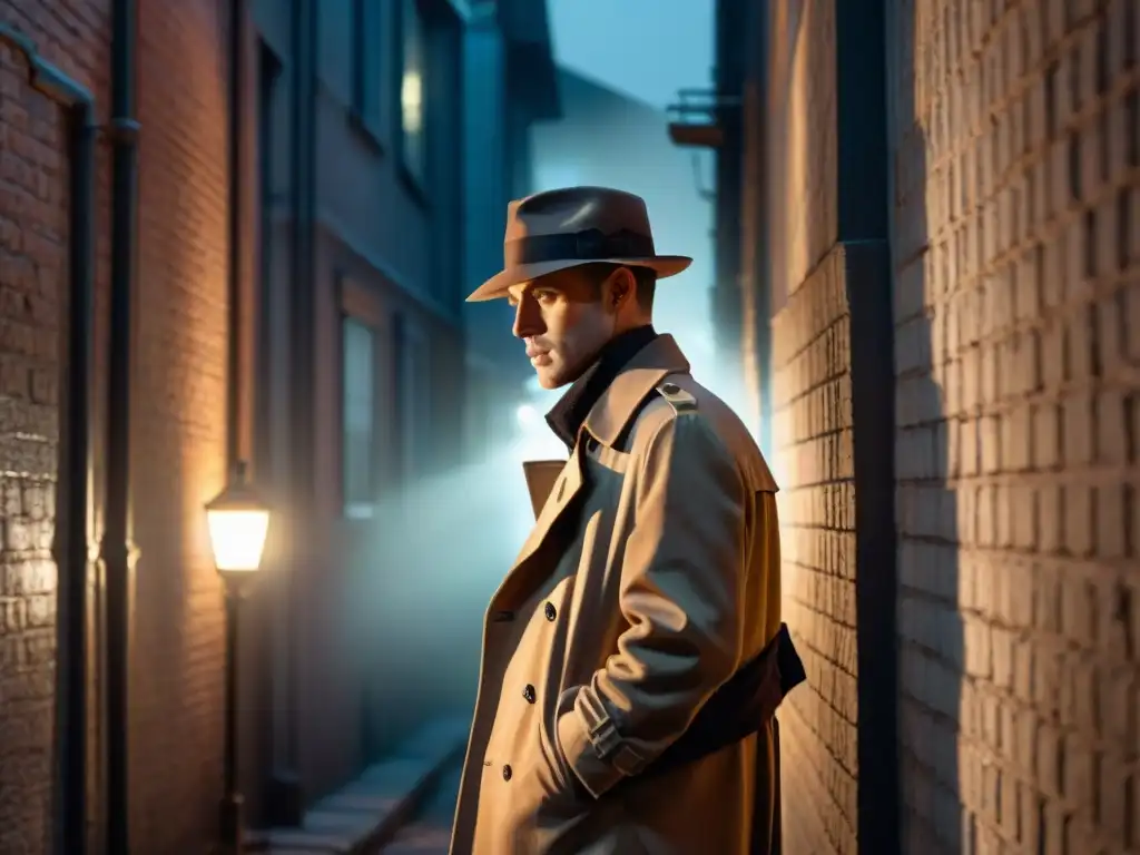 Un callejón sombrío de noche, iluminado por la tenue luz de una farola parpadeante