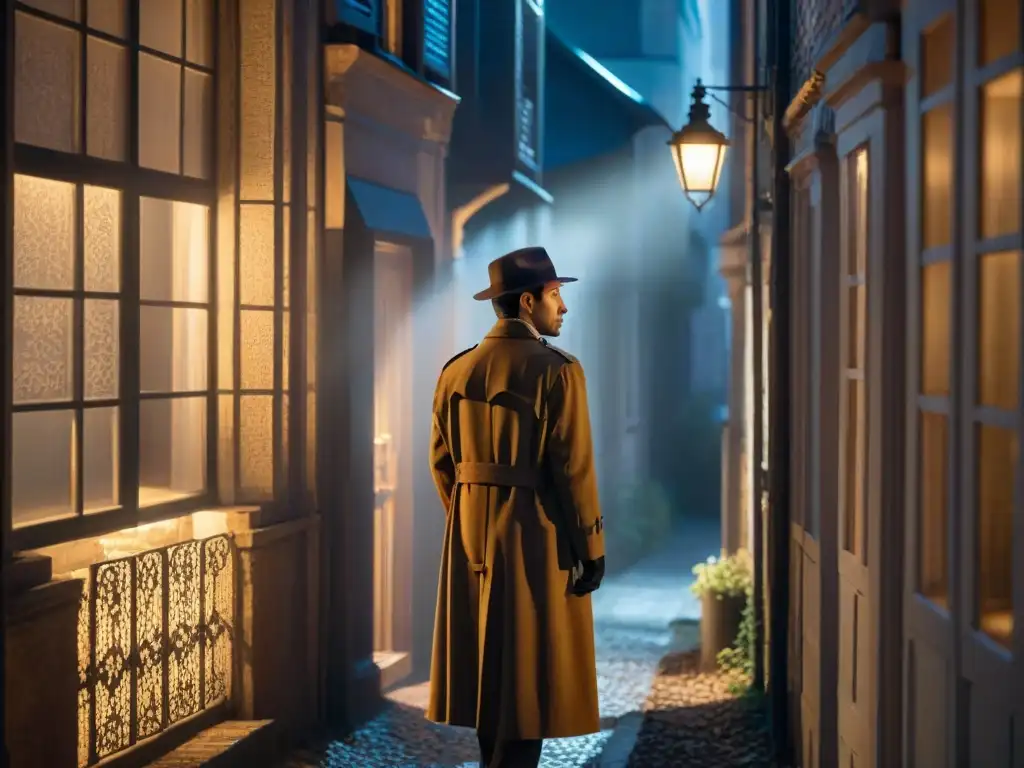 Un callejón sombrío de noche, iluminado por una tenue luz de farola