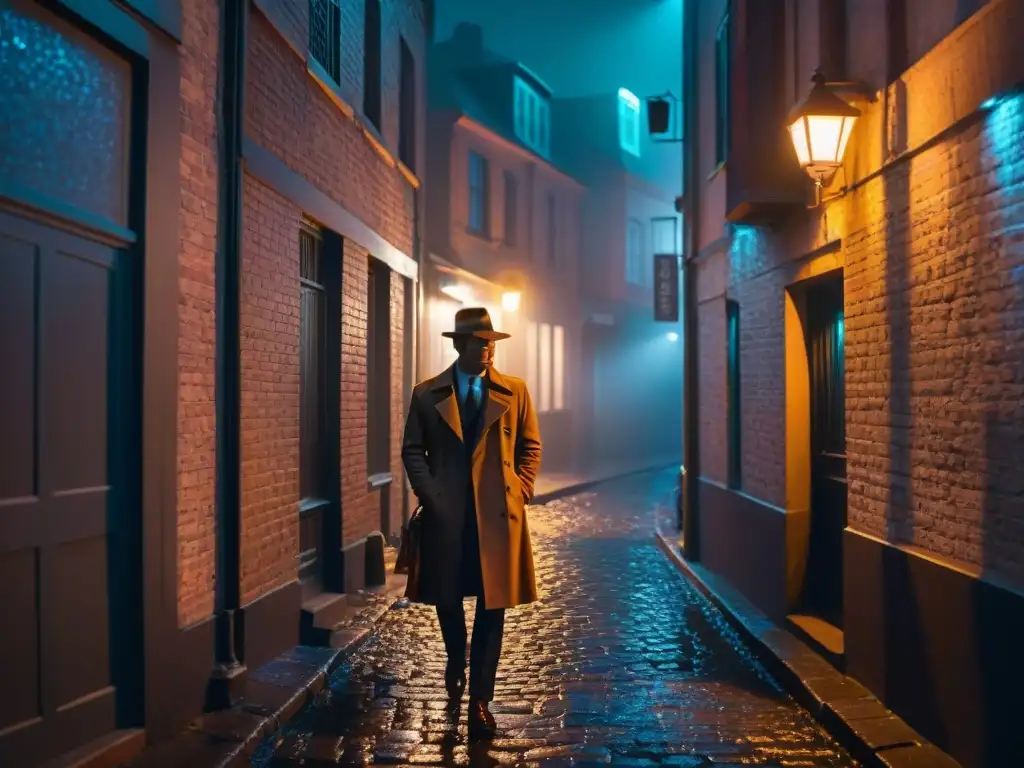 Un callejón sombrío de noche iluminado por un letrero de neón que dice 'Agencia de Detectives', inspirado en el Género detectives en cine y televisión