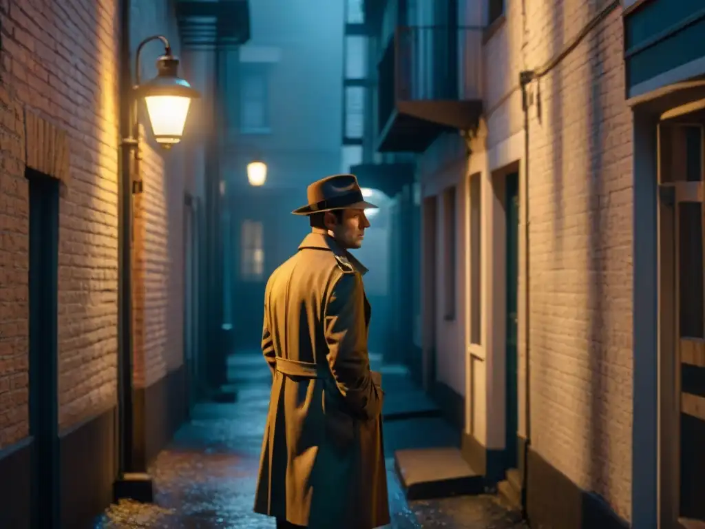 Un callejón sombrío de noche iluminado por una lámpara tenue