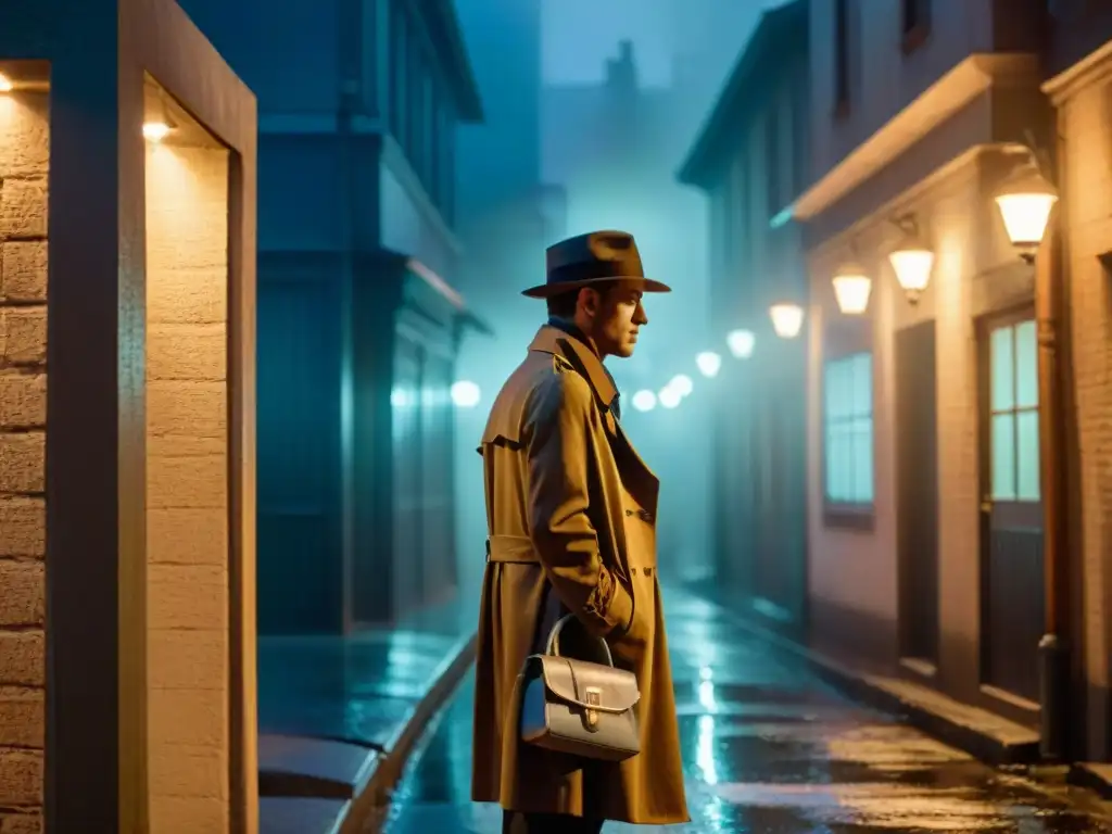 Un callejón sombrío de noche, iluminado por la tenue luz de una farola