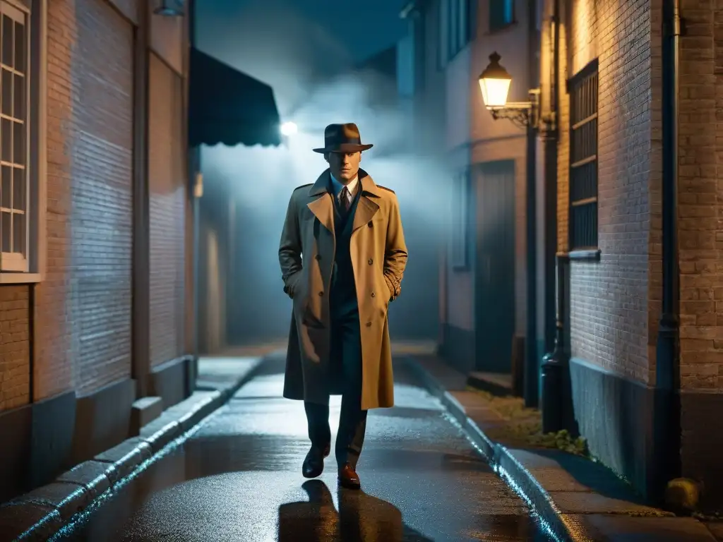 Un callejón sombrío de noche, iluminado por una tenue luz de farola