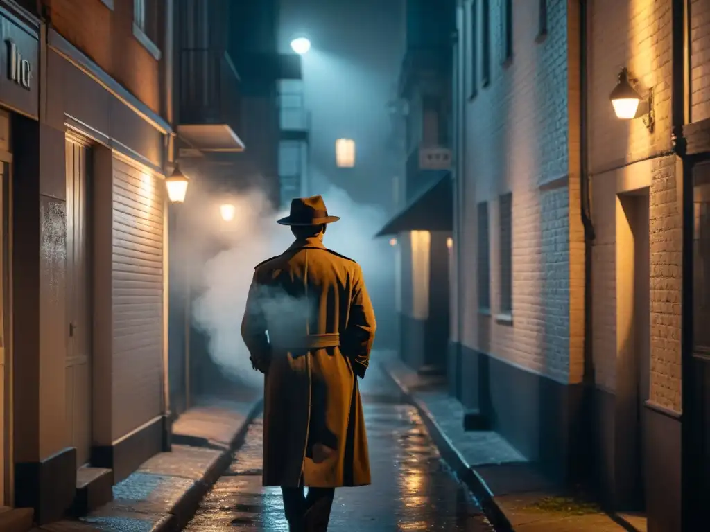 Un callejón sombrío de noche iluminado por la tenue luz de una farola