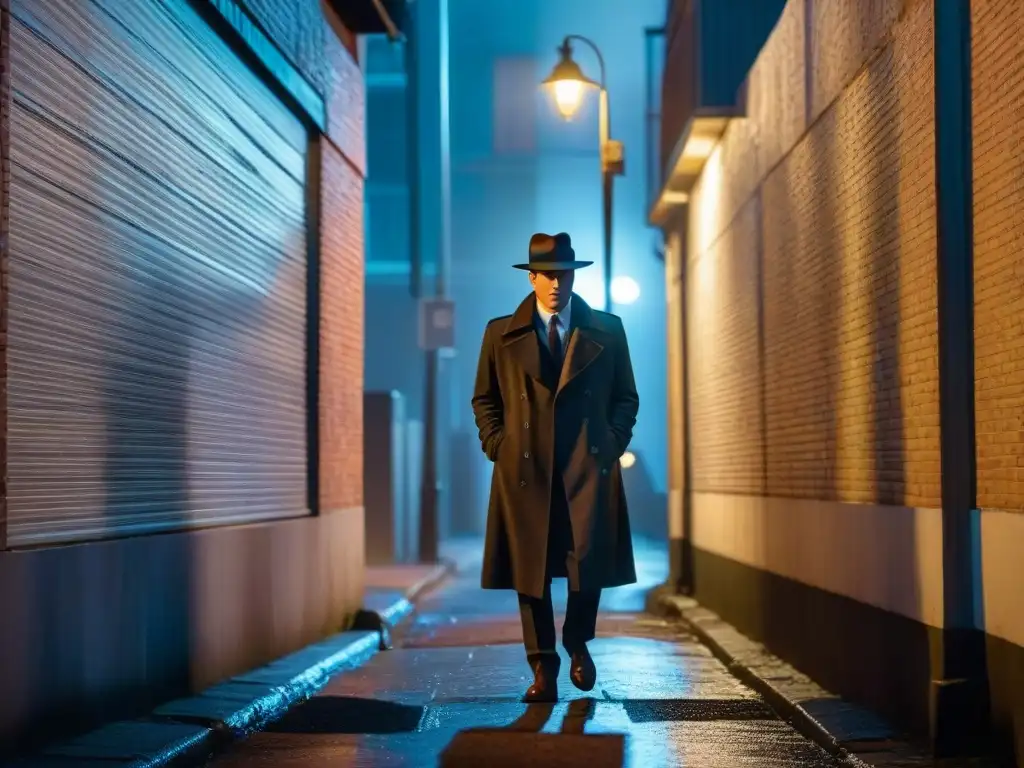 Un callejón sombrío de noche iluminado por una tenue farola, reflejando misterio y suspense al estilo Sam Spade detective cine televisión