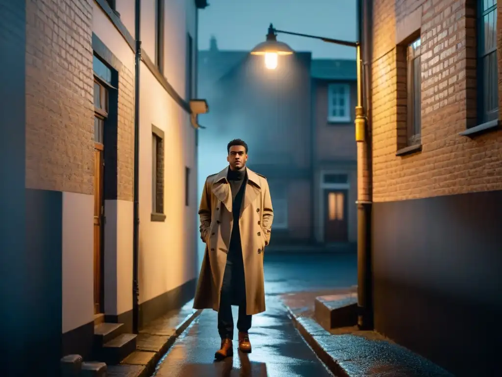 Un callejón sombrío de noche iluminado por una farola titilante