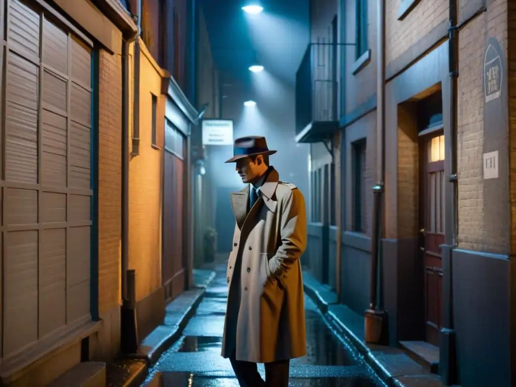 Un callejón sombrío de noche, iluminado por la luz tenue de una farola titilante