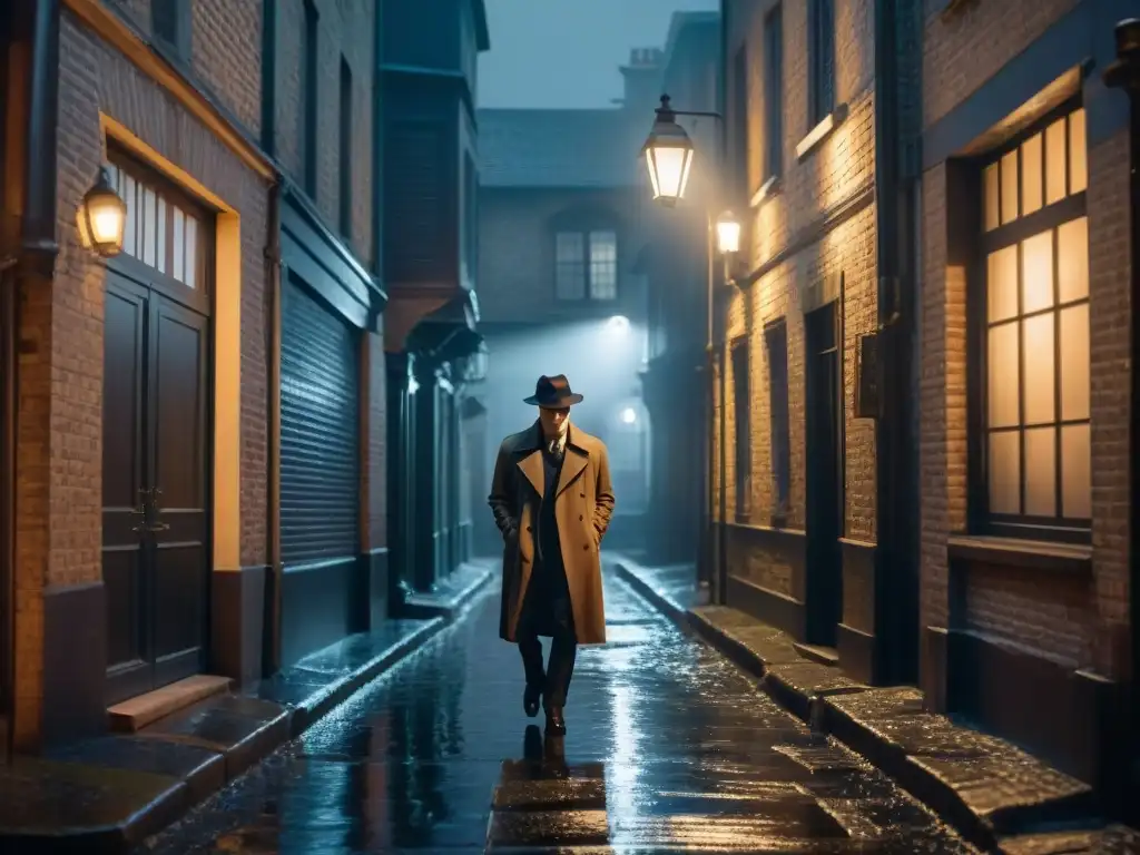 Un callejón sombrío de noche, iluminado por la luz intermitente de una farola vintage