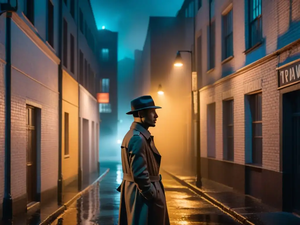 Un callejón sombrío de noche, iluminado por la tenue luz de un farol titilante, evocando el misterio del cine noir