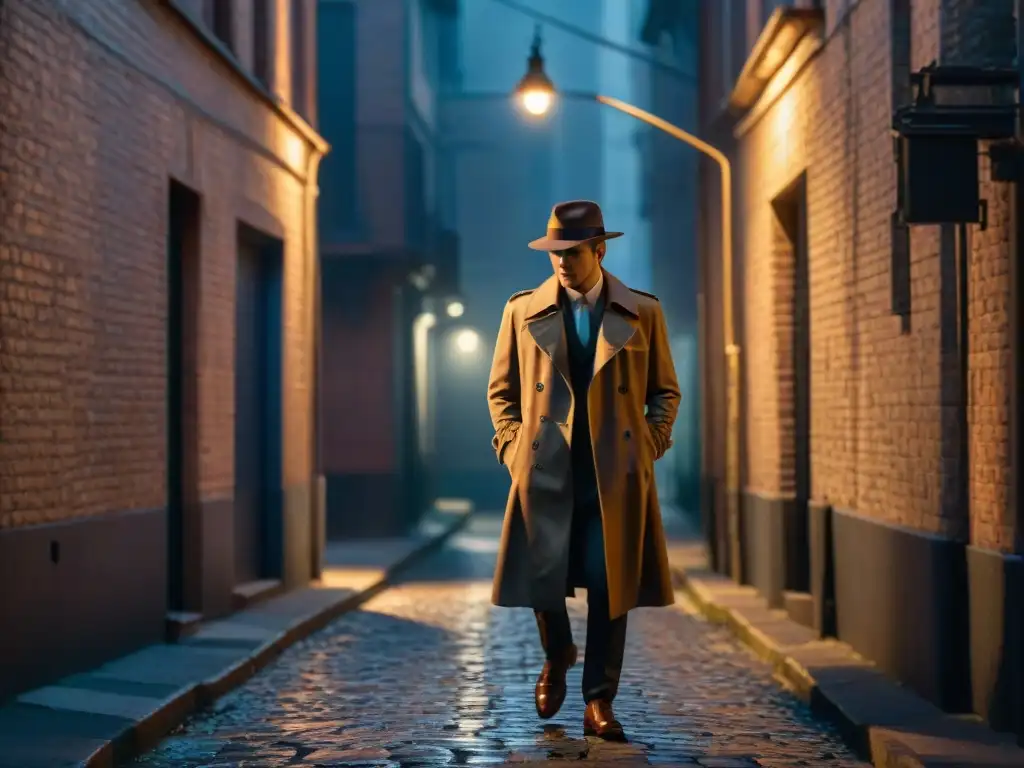 Alleyway nocturno: misterio y sombras en 8k Un callejón sombrío de noche, iluminado por una farola, con siluetas misteriosas al fondo