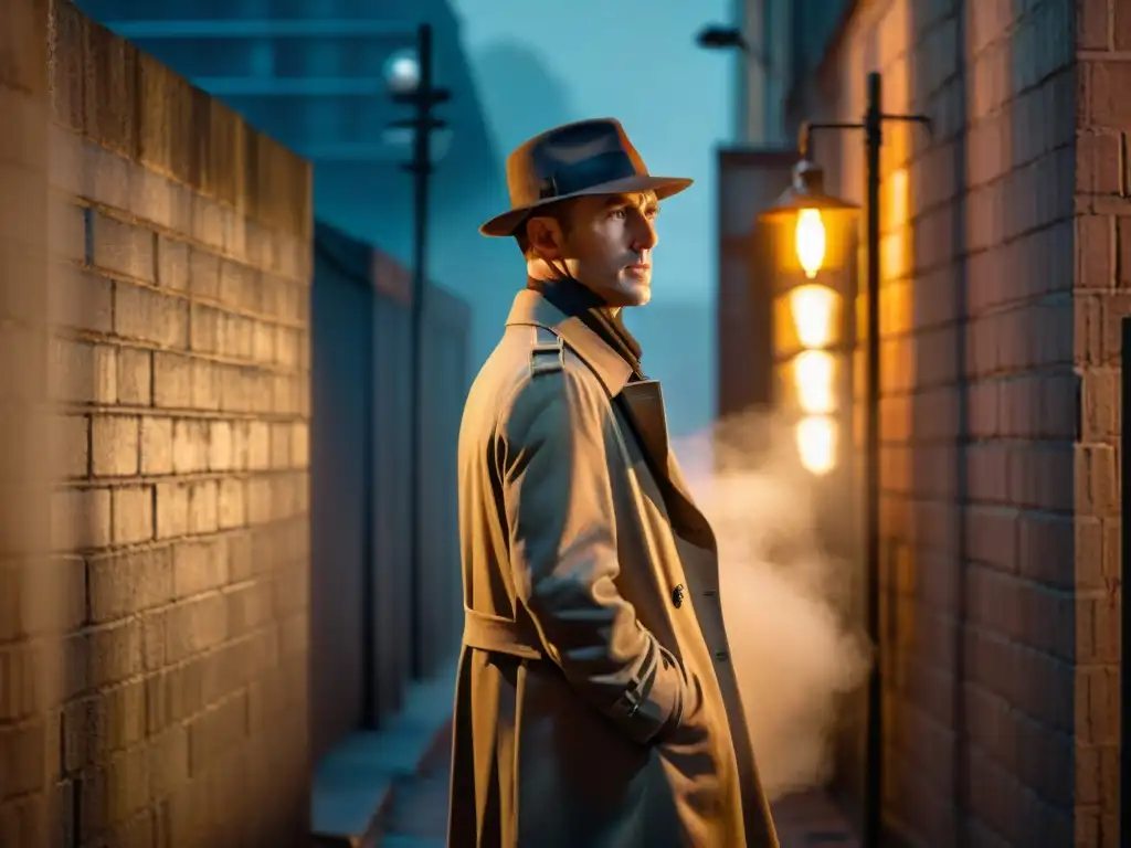 Un callejón sombrío de noche iluminado por una tenue farola, con una figura en trench y sombrero, evocando detectives icónicos en cine