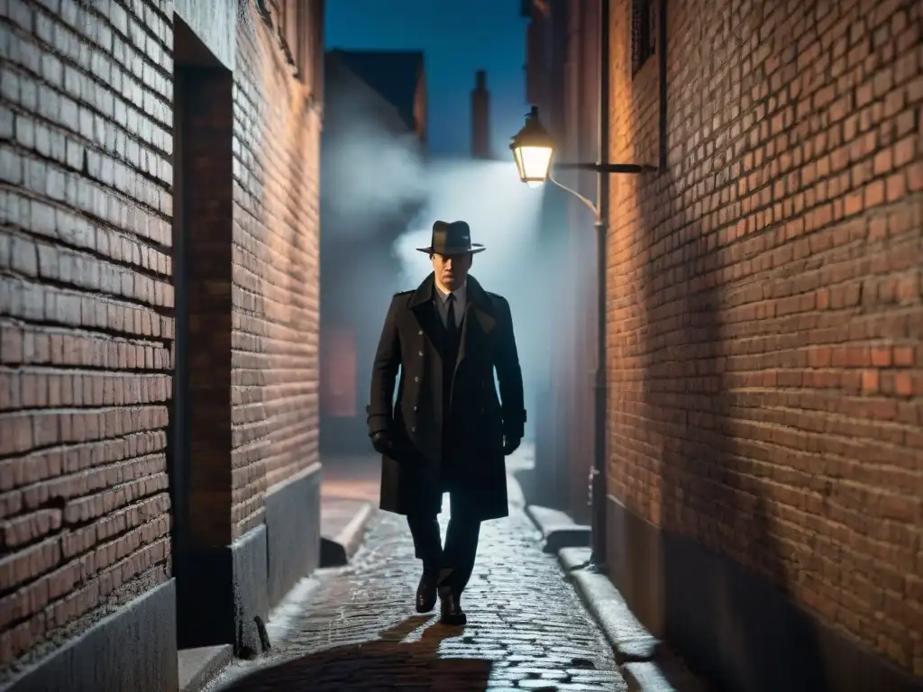 Un callejón sombrío de noche iluminado por la tenue luz de una farola