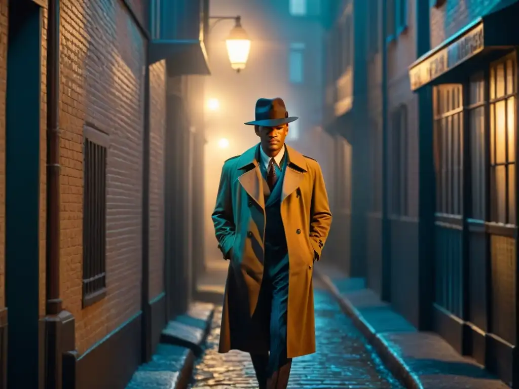 Un callejón sombrío de noche iluminado por una solitaria farola, evocando el misterio de las películas detectivescas