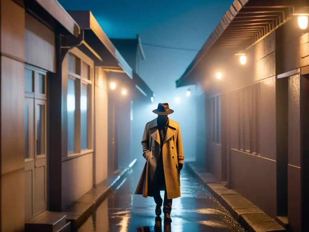 Un callejón sombrío de noche iluminado por una tenue luz de farola