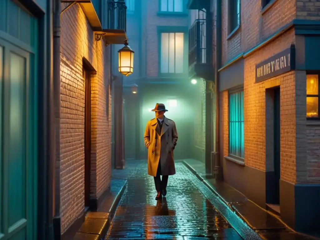 Un callejón sombrío de noche, iluminado por la luz tenue de una agencia de detectives vintage