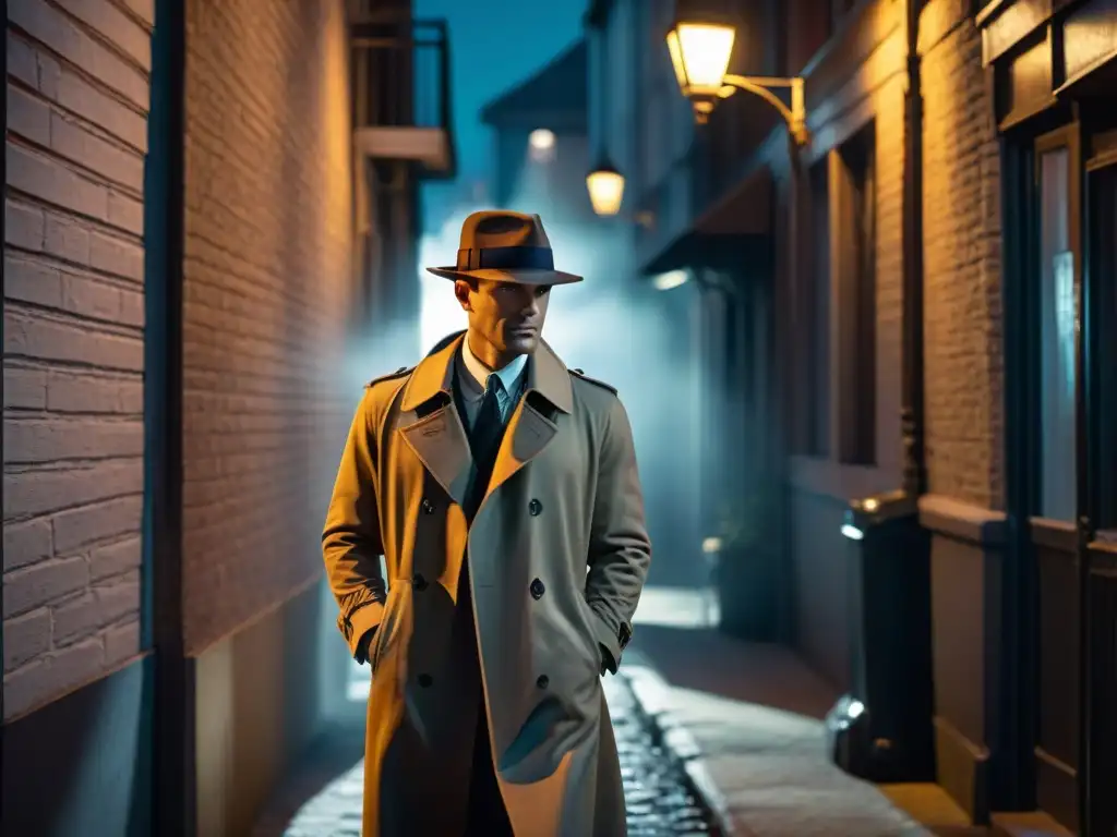 Un callejón sombrío de noche, iluminado por una tenue luz de farola