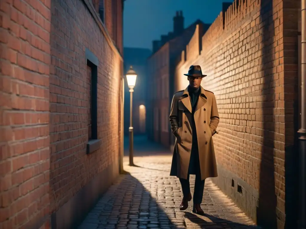 Un callejón sombrío de noche, iluminado por la luz de una farola titilante