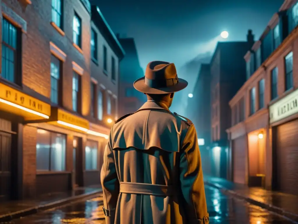 Un callejón sombrío de noche iluminado por una farola titilante