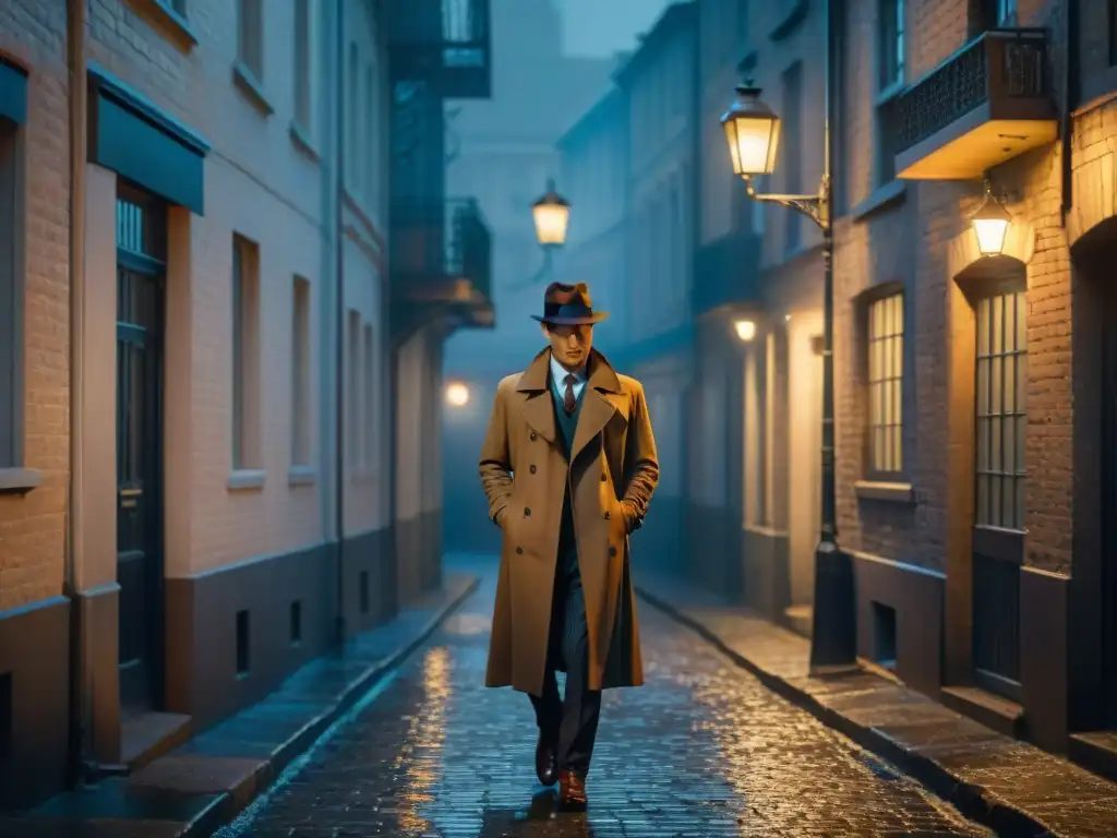 Un callejón sombrío de noche, iluminado por una lámpara tenue