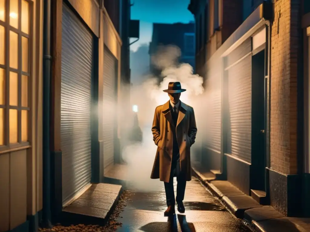 Un callejón sombrío de noche, iluminado apenas por la luz filtrada de una ventana