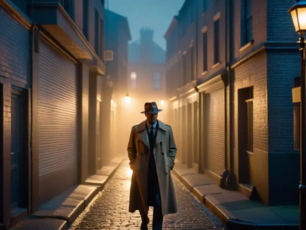 Un callejón sombrío de noche iluminado por una tenue farola, evocando el ambiente de Film Noir con un misterioso detective bajo la luz