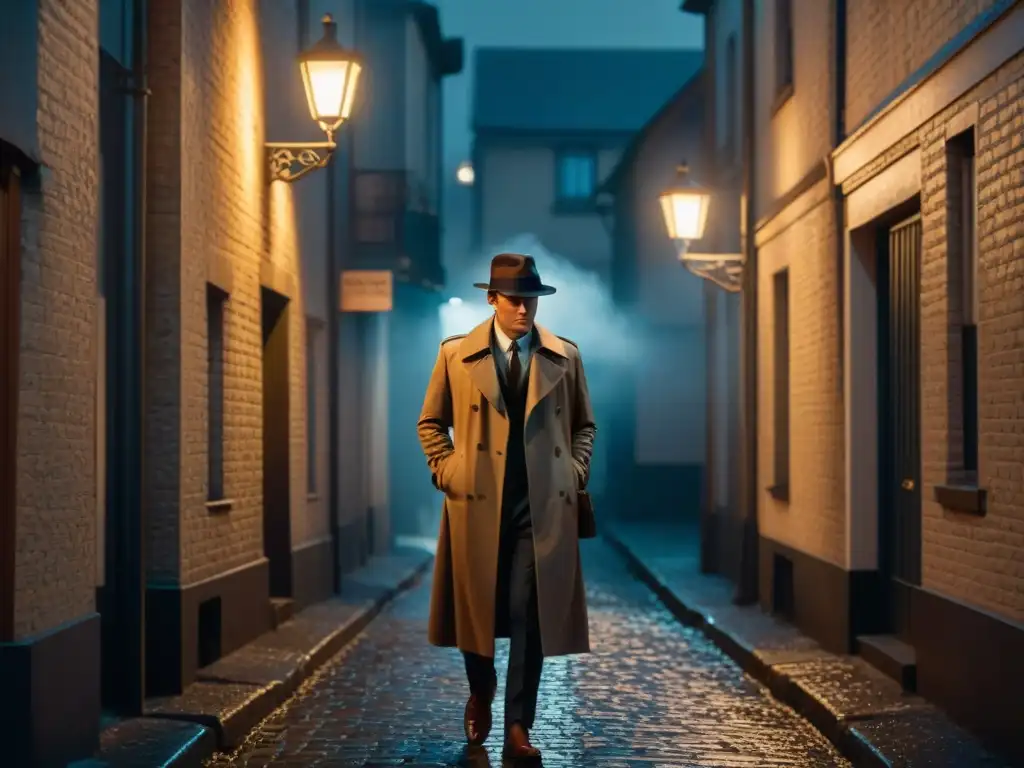 Un callejón sombrío de noche, iluminado por una tenue luz de farola