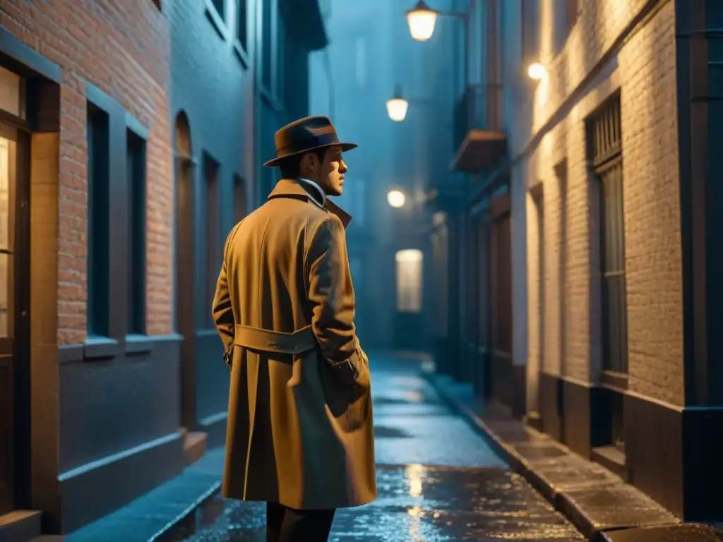 Un callejón sombrío de noche, iluminado por una lámpara titilante