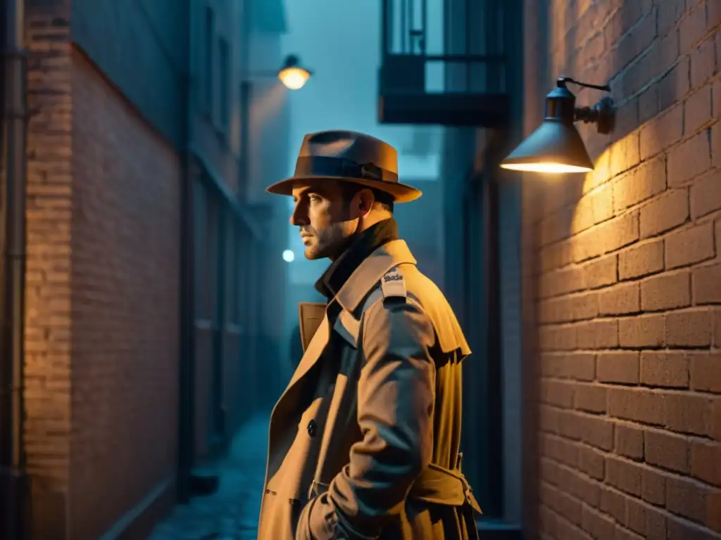 Un callejón sombrío de noche, iluminado por una tenue farola