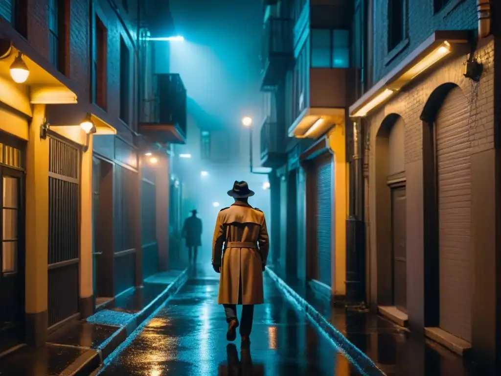 Un callejón sombrío en una noche lluviosa, con el brillo de un letrero de neón iluminando el pavimento mojado