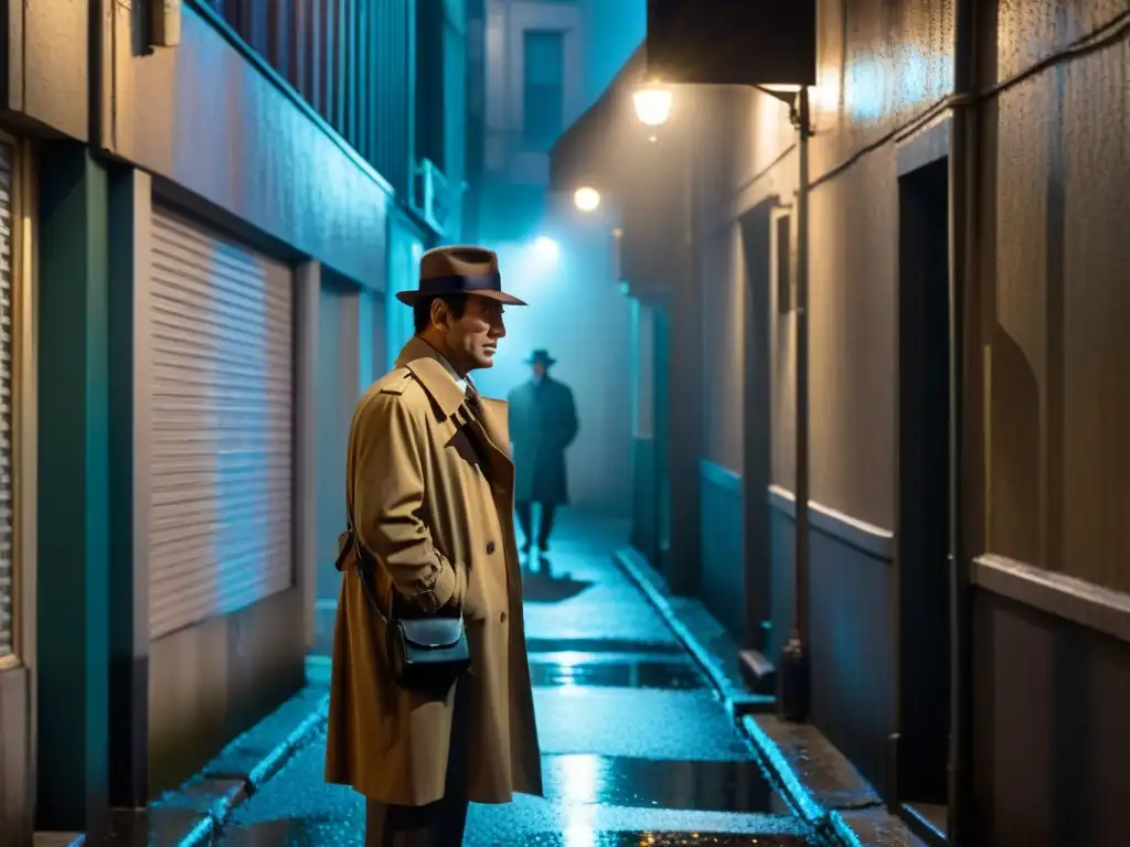 Un callejón sombrío en una noche lluviosa, estilo Film Noir