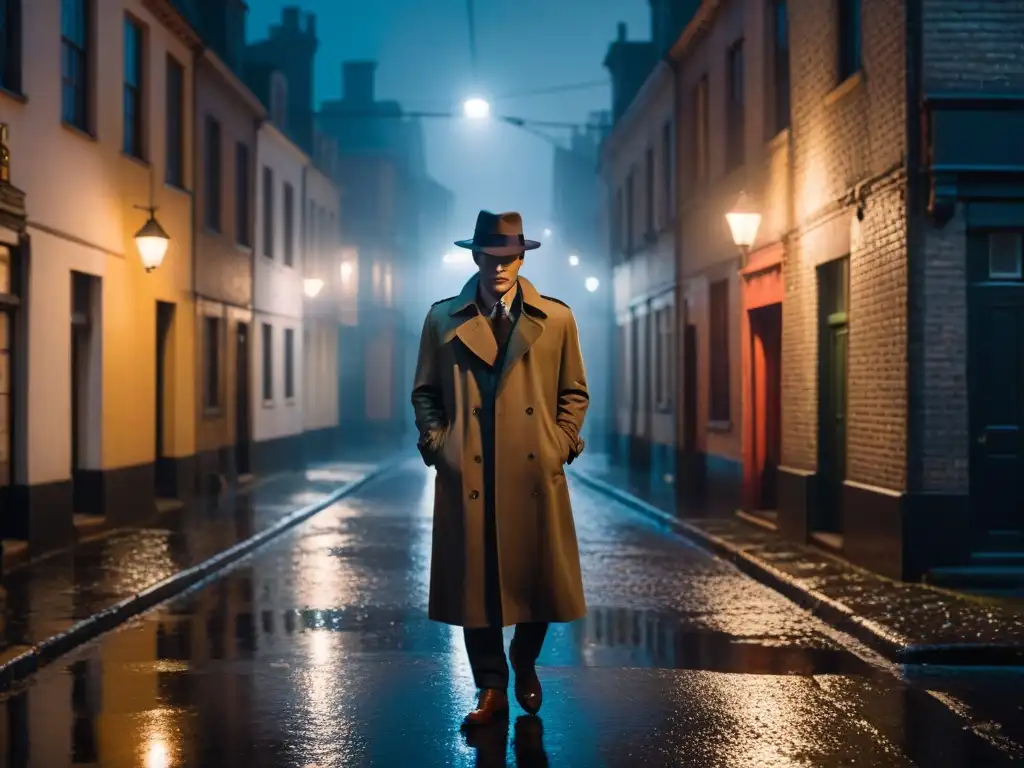 Noche lluviosa en callejón misterioso Un callejón sombrío en una noche lluviosa, con una figura solitaria en un impermeable bajo la luz de una farola titilante