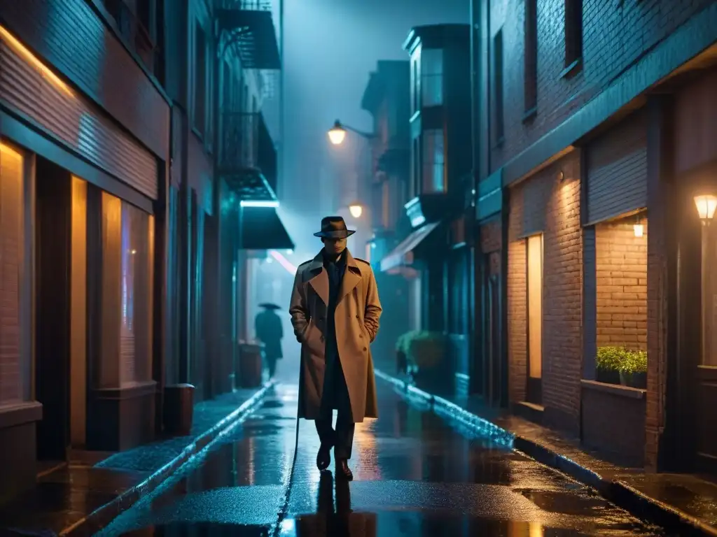 Un callejón sombrío en una noche lluviosa, solo iluminado por la luz tenue de una farola