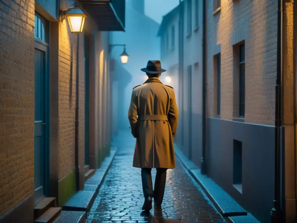 Intriga nocturna: figura misteriosa en callejón lluvioso Un callejón sombrío en una noche lluviosa, con misteriosas sombras proyectadas por las luces, creando un ambiente de intriga y suspense