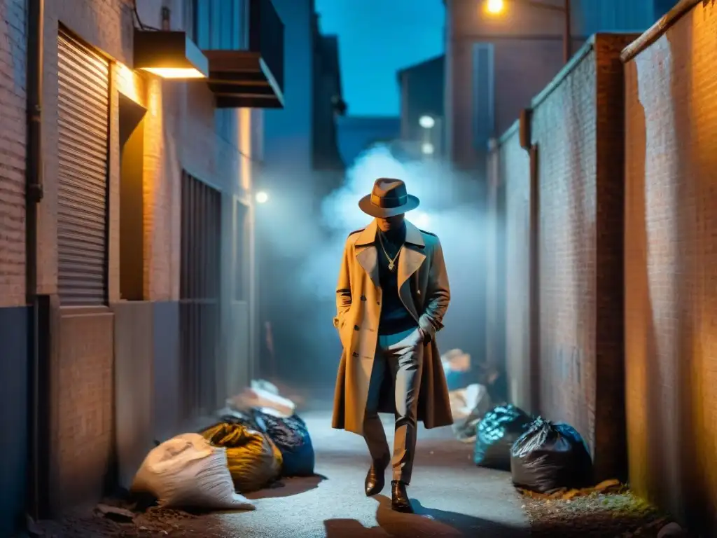 Un callejón sombrío de noche, con luces titilantes que proyectan largas sombras